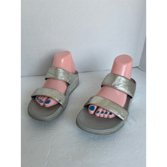 Fitflop LuLu Platform Vegan Slides Silver Slip On Comfort Dual Strap Sandals 7 - Picture 1 of 12